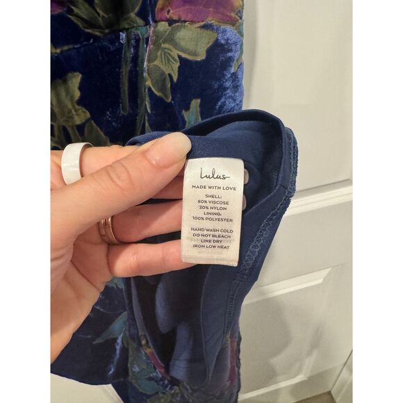 Lulus Evenings with You Blue Floral Asymmetrical Velvet Dress | L - Picture 5 of 6